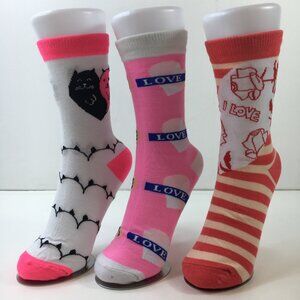 3-Pack Womens Valentines Socks Love Theme Hearts Cats Pink White Striped